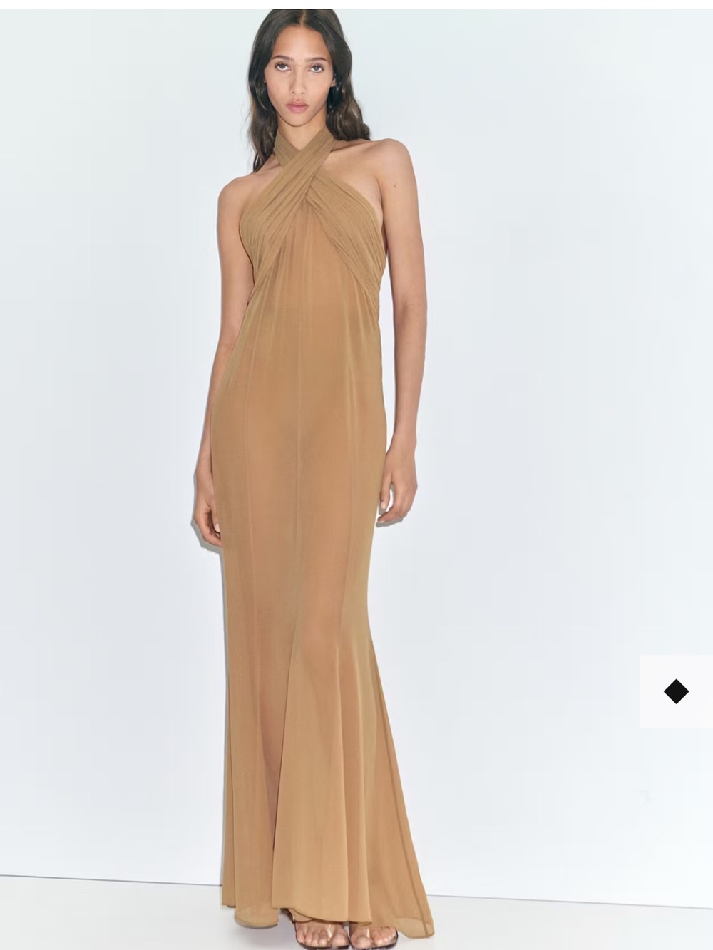 Mango Camel Halter Maxi Dress semi-transparent